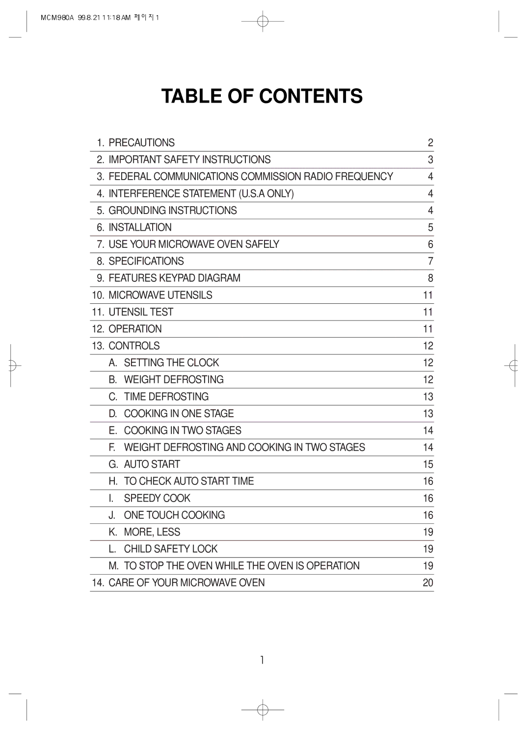 Daewoo MCM980A manual Table of Contents 