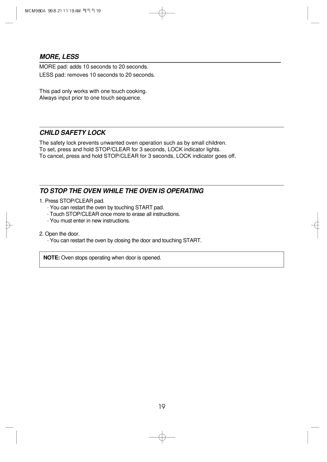 Daewoo MCM980A manual MORE, Less, Child Safety Lock, To Stop the Oven While the Oven is Operating 