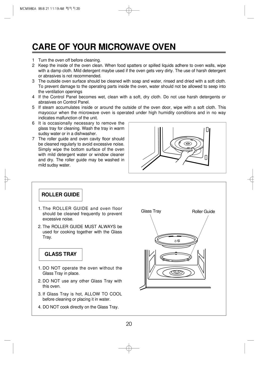 Daewoo MCM980A manual Care of Your Microwave Oven, Roller Guide 