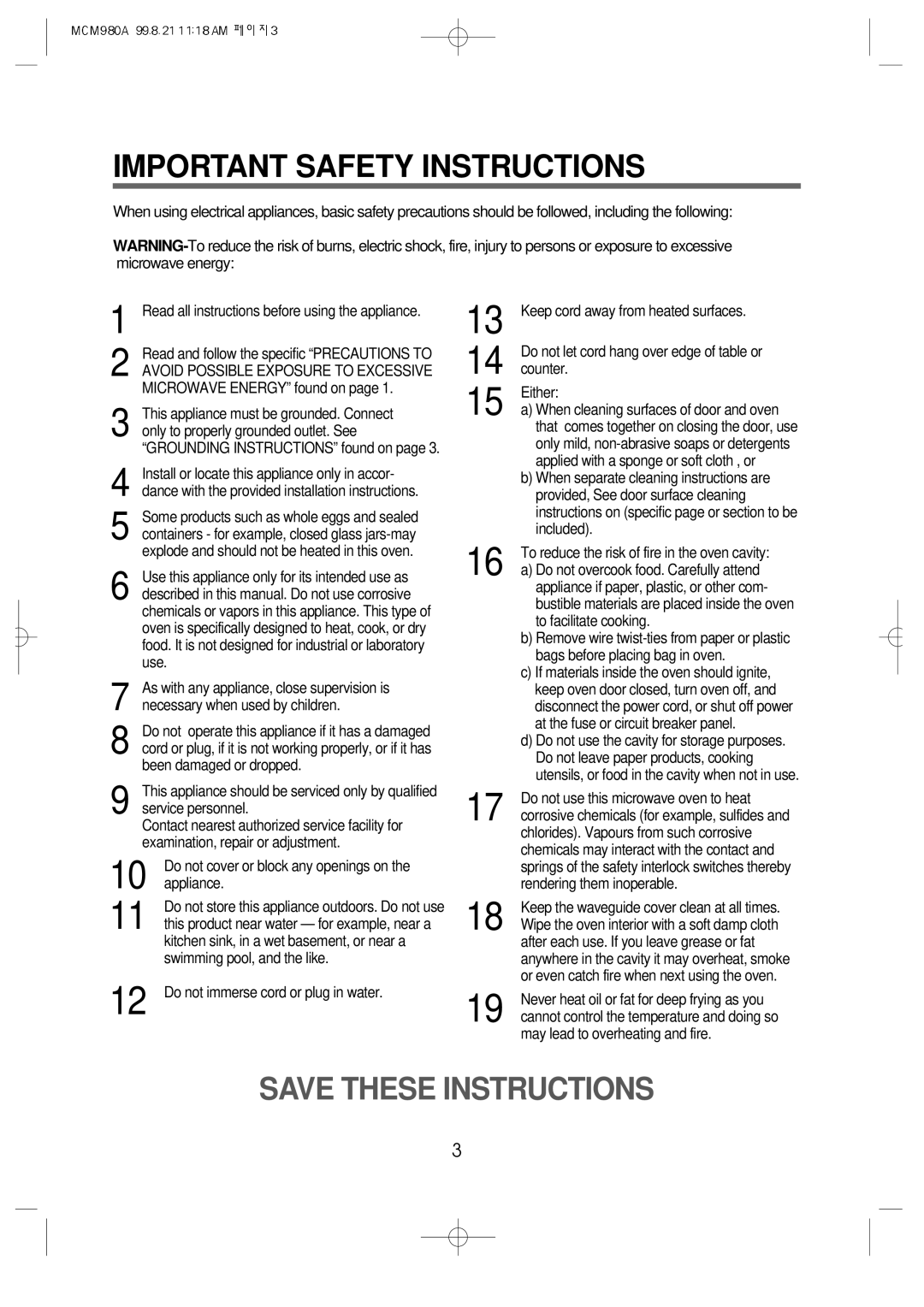 Daewoo MCM980A manual Important Safety Instructions, Appliance 