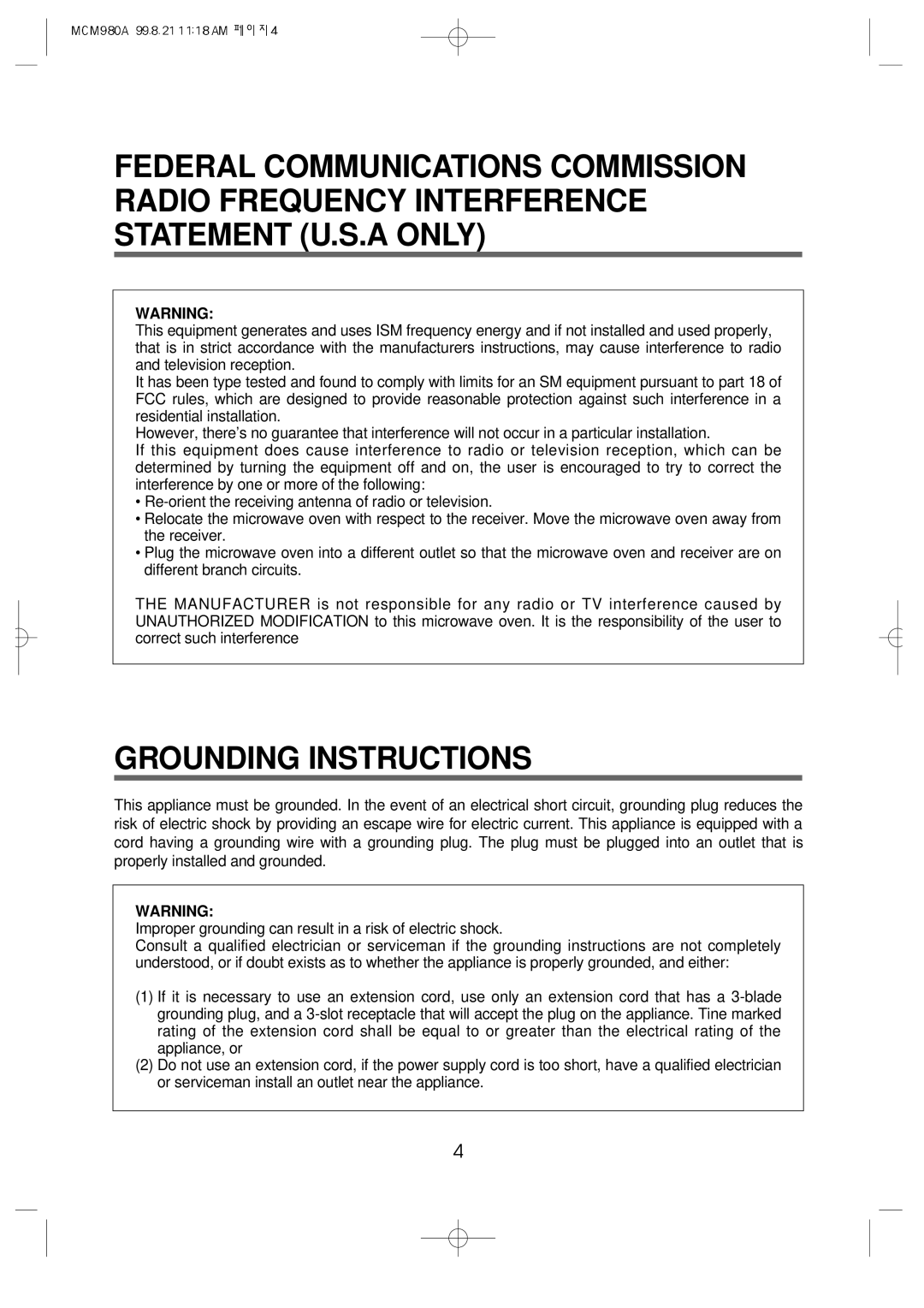 Daewoo MCM980A manual Grounding Instructions 