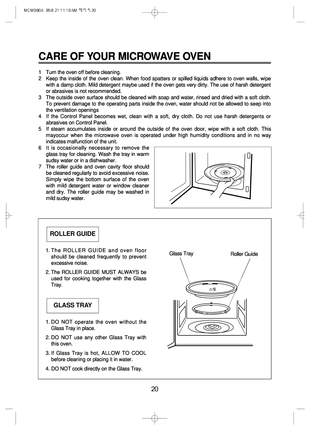 Daewoo MCM980A manual Care Of Your Microwave Oven, Roller Guide, Glass Tray 