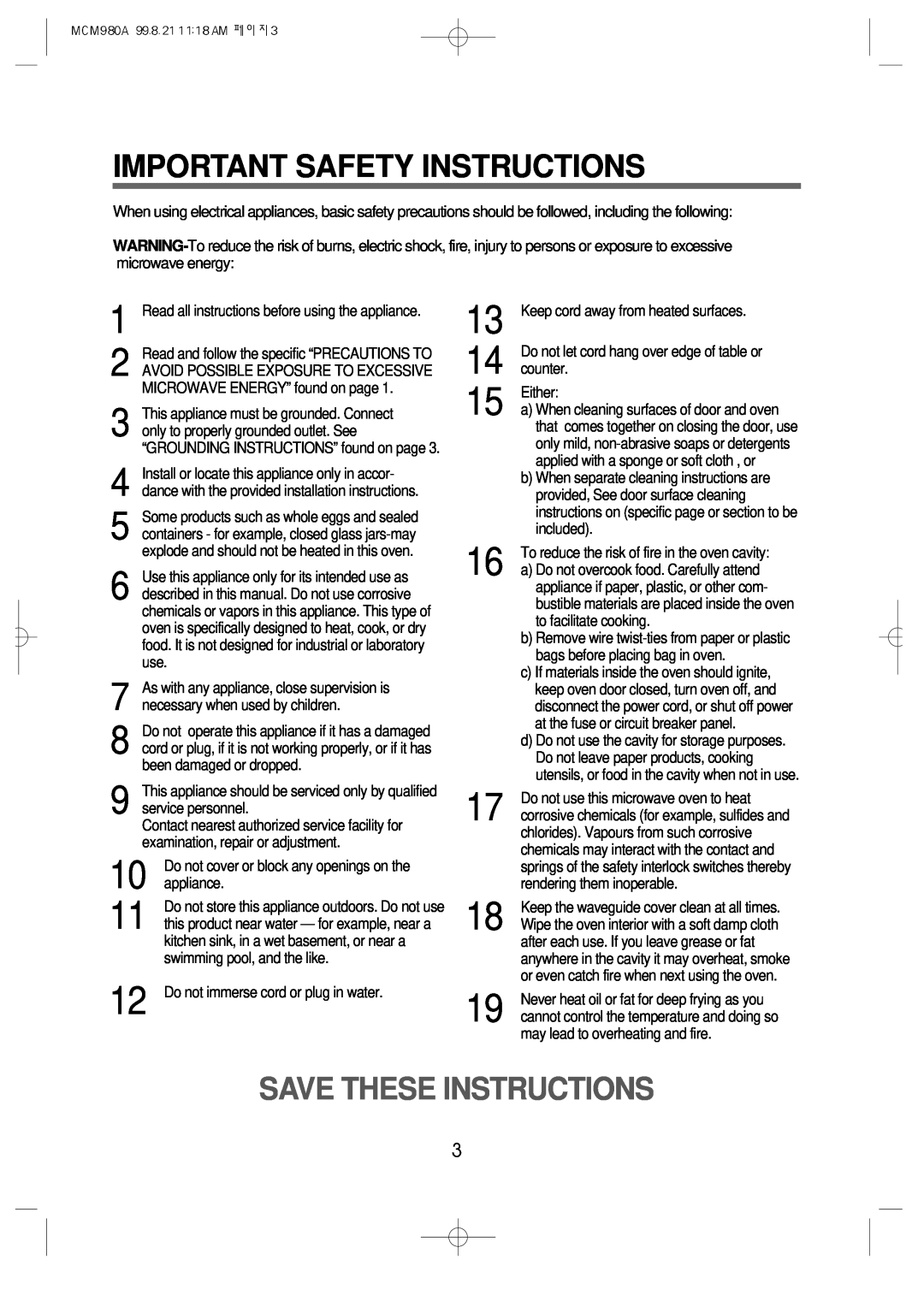Daewoo MCM980A manual Important Safety Instructions, Save These Instructions 