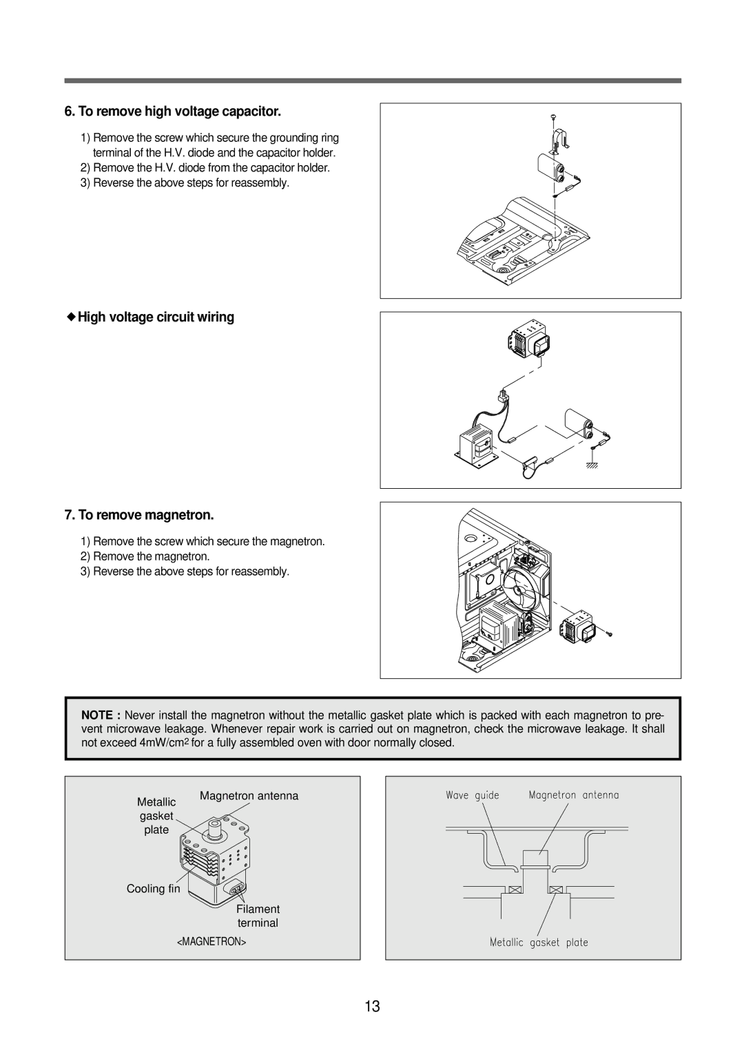 Daewoo Microwave Oven, KOR-6N575S To remove high voltage capacitor, High voltage circuit wiring To remove magnetron 