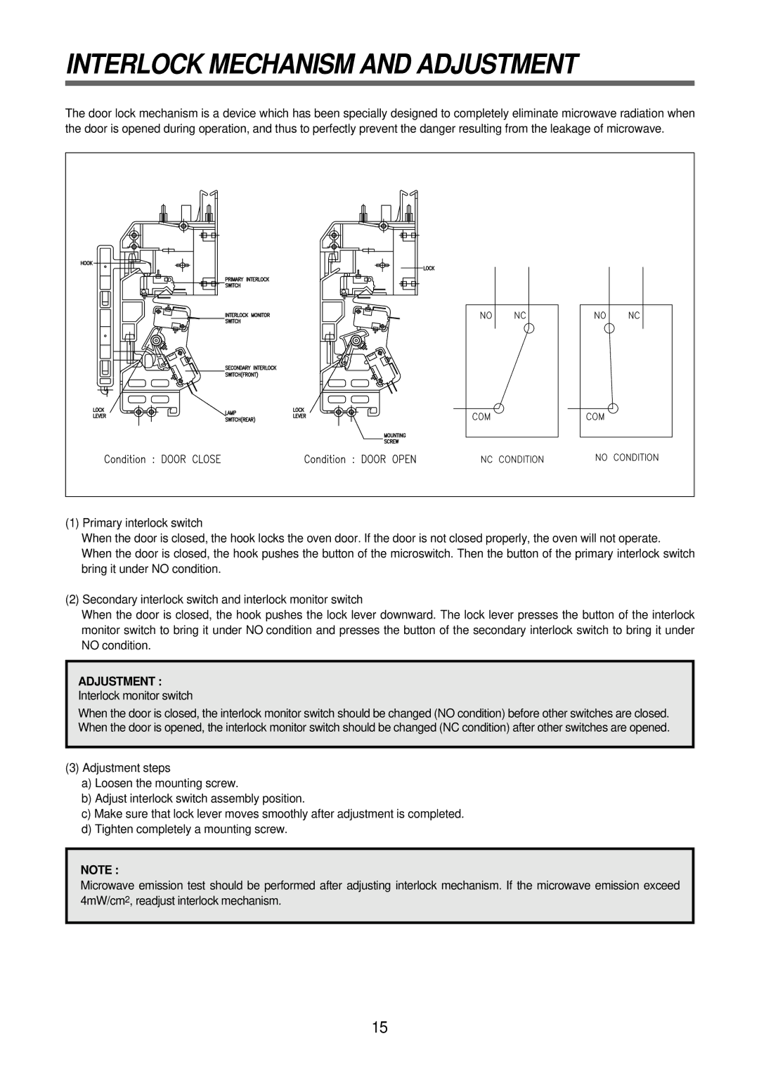 Daewoo Microwave Oven, KOR-6N575S service manual Interlock Mechanism and Adjustment 