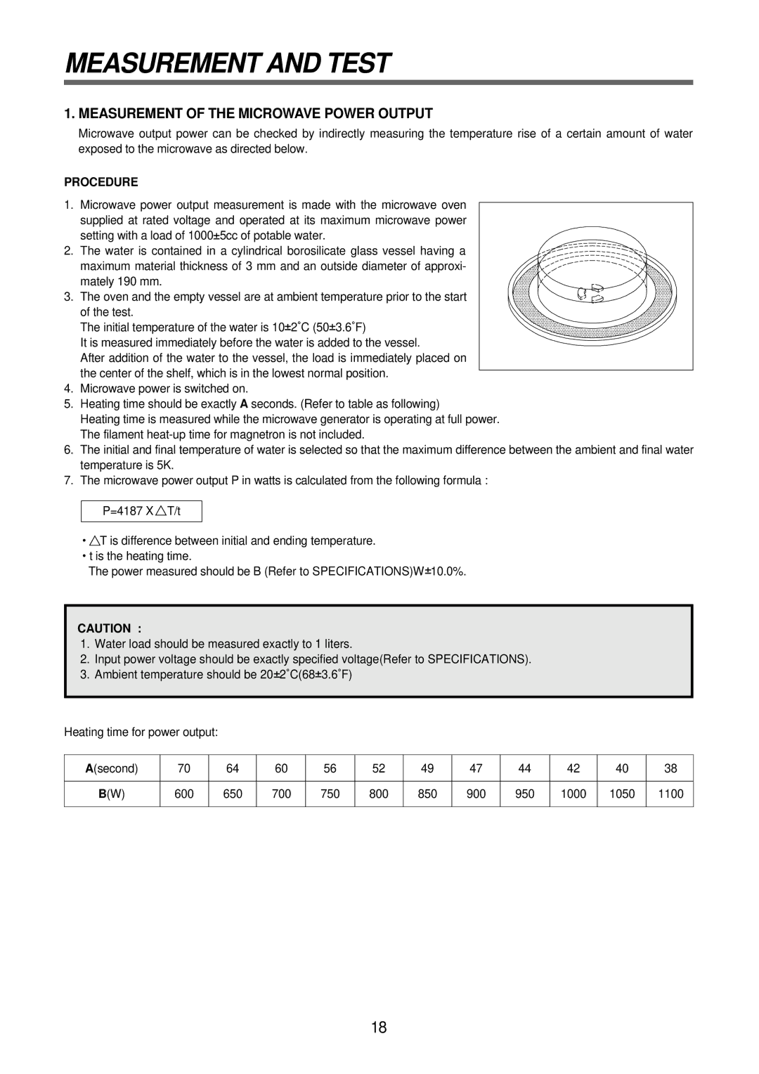 Daewoo KOR-6N575S, Microwave Oven service manual Measurement and Test, Measurement of the Microwave Power Output, Procedure 