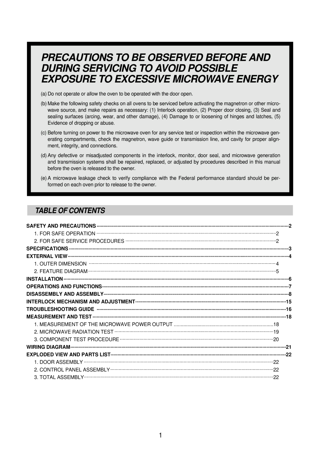 Daewoo Microwave Oven, KOR-6N575S service manual Table of Contents 