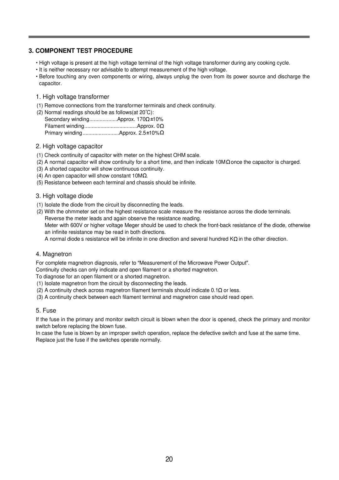 Daewoo KOR-6N575S, Microwave Oven service manual Component Test Procedure, High voltage transformer 