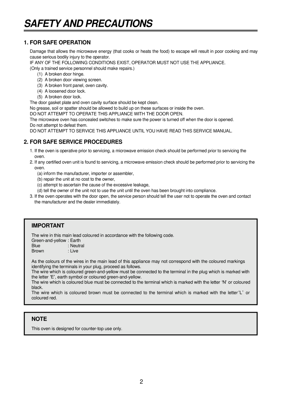 Daewoo KOR-6N575S, Microwave Oven service manual Safety and Precautions, For Safe Operation 