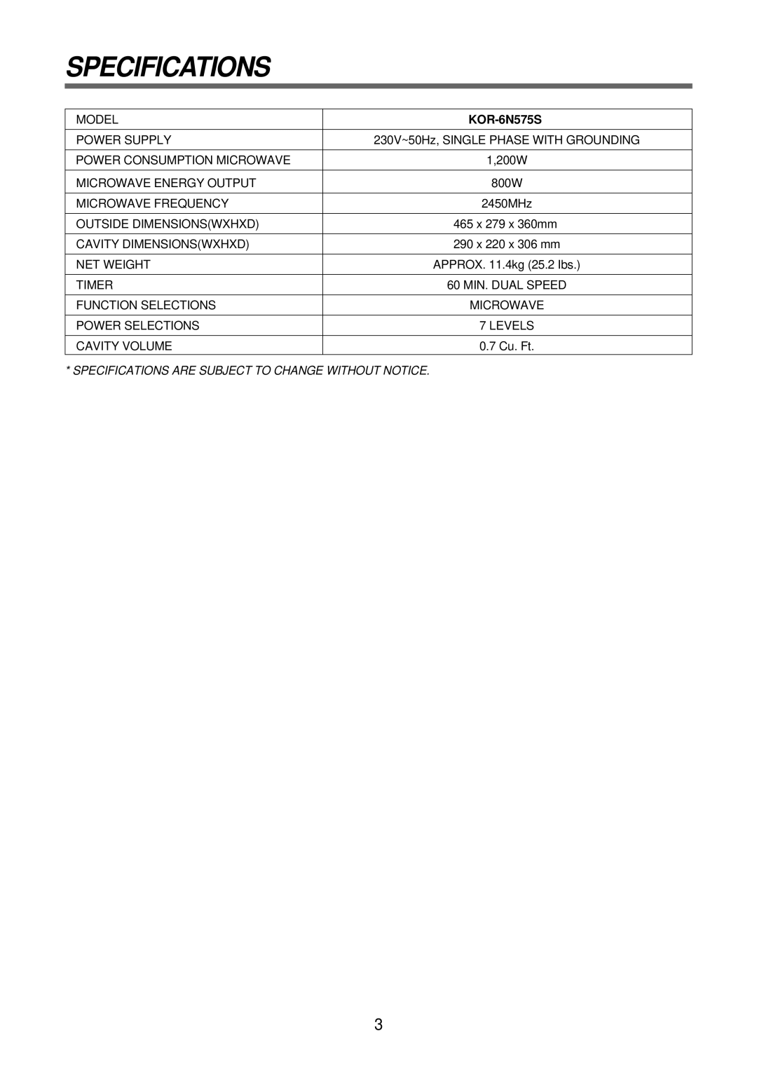 Daewoo Microwave Oven service manual Specifications, KOR-6N575S 