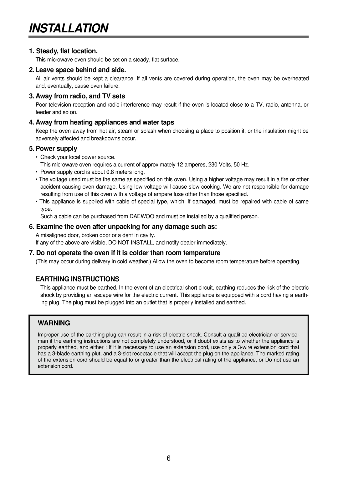 Daewoo KOR-6N575S, Microwave Oven service manual Installation, Leave space behind and side 