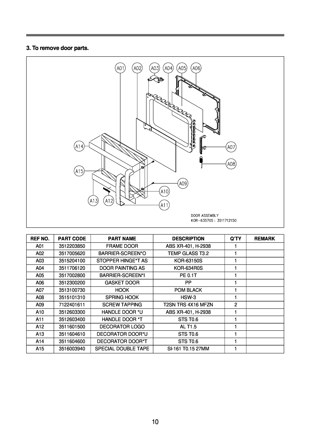 Daewoo KOR-6N575S, Microwave Oven service manual To remove door parts, Ref No, Part Code, Part Name, Description, Q’Ty 