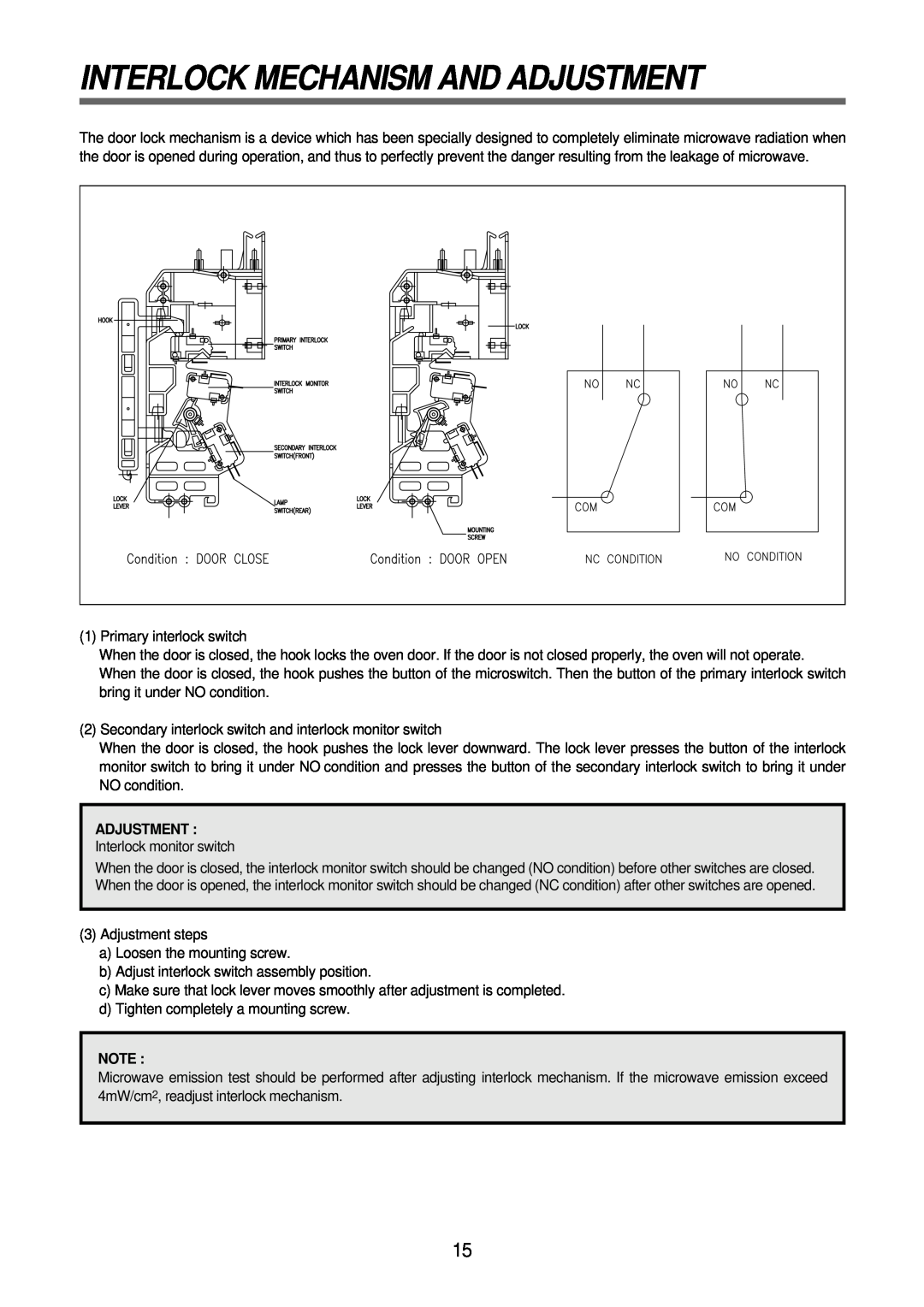 Daewoo Microwave Oven, KOR-6N575S service manual Interlock Mechanism And Adjustment 
