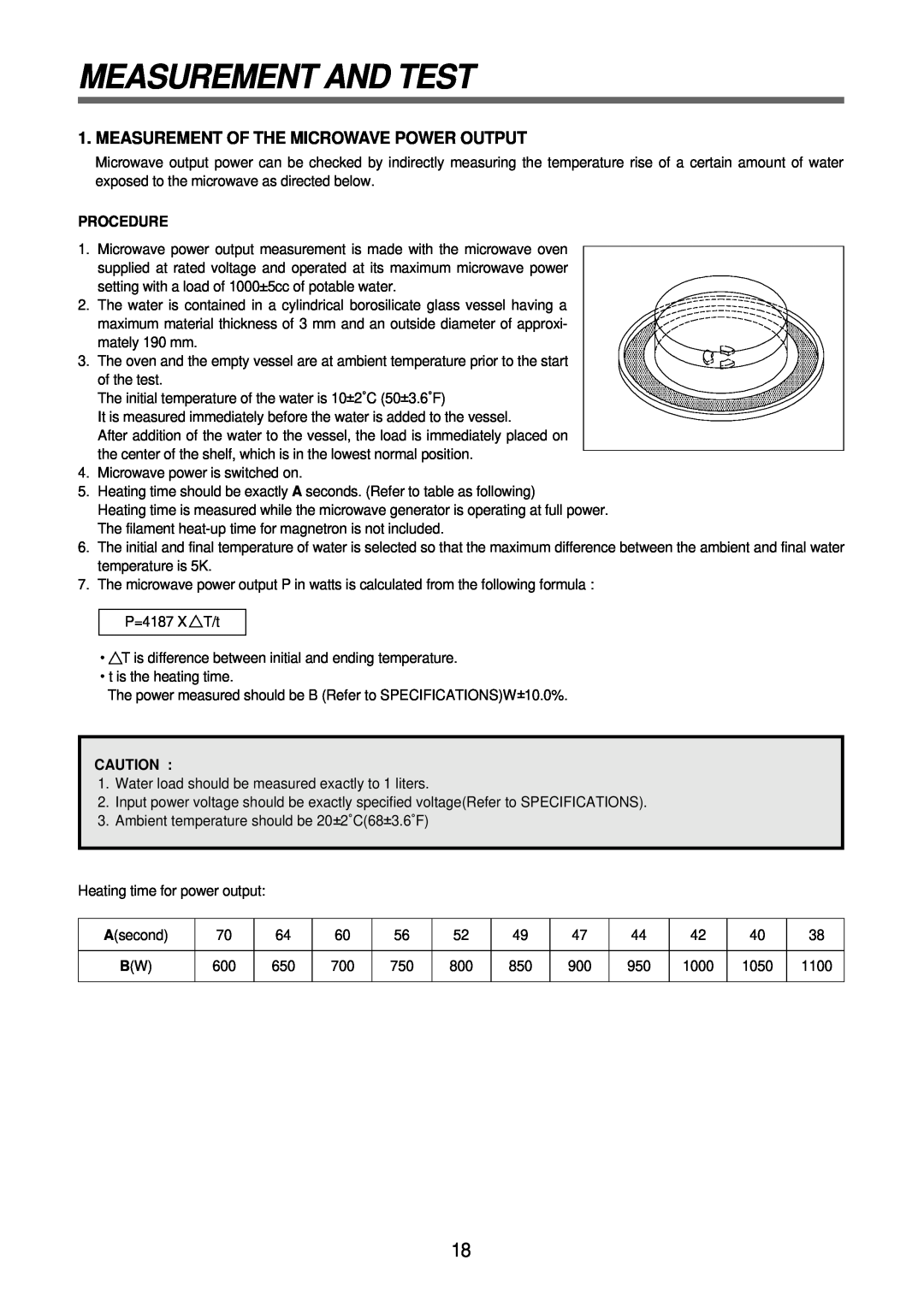 Daewoo KOR-6N575S, Microwave Oven service manual Measurement And Test, Measurement Of The Microwave Power Output, Procedure 