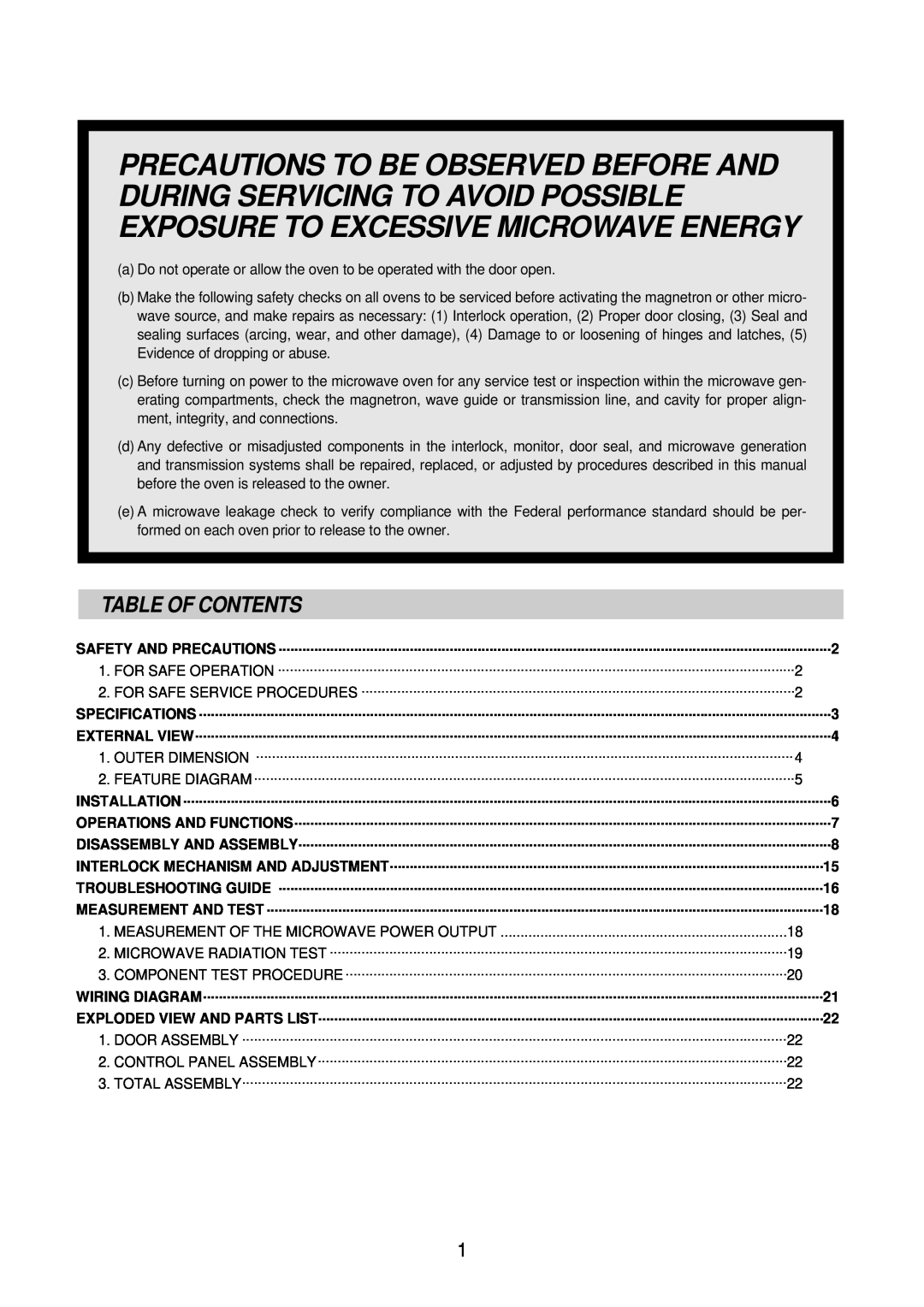 Daewoo Microwave Oven, KOR-6N575S service manual Table Of Contents 