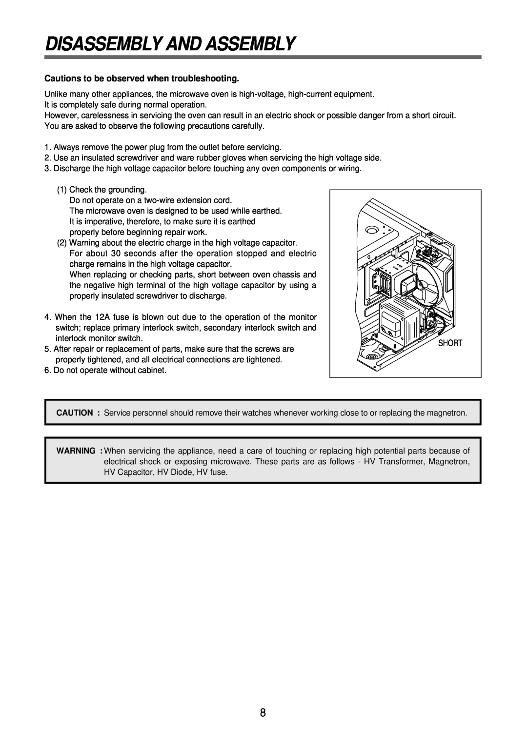 Daewoo KOR-6N575S, Microwave Oven service manual Disassembly And Assembly, Cautions to be observed when troubleshooting 
