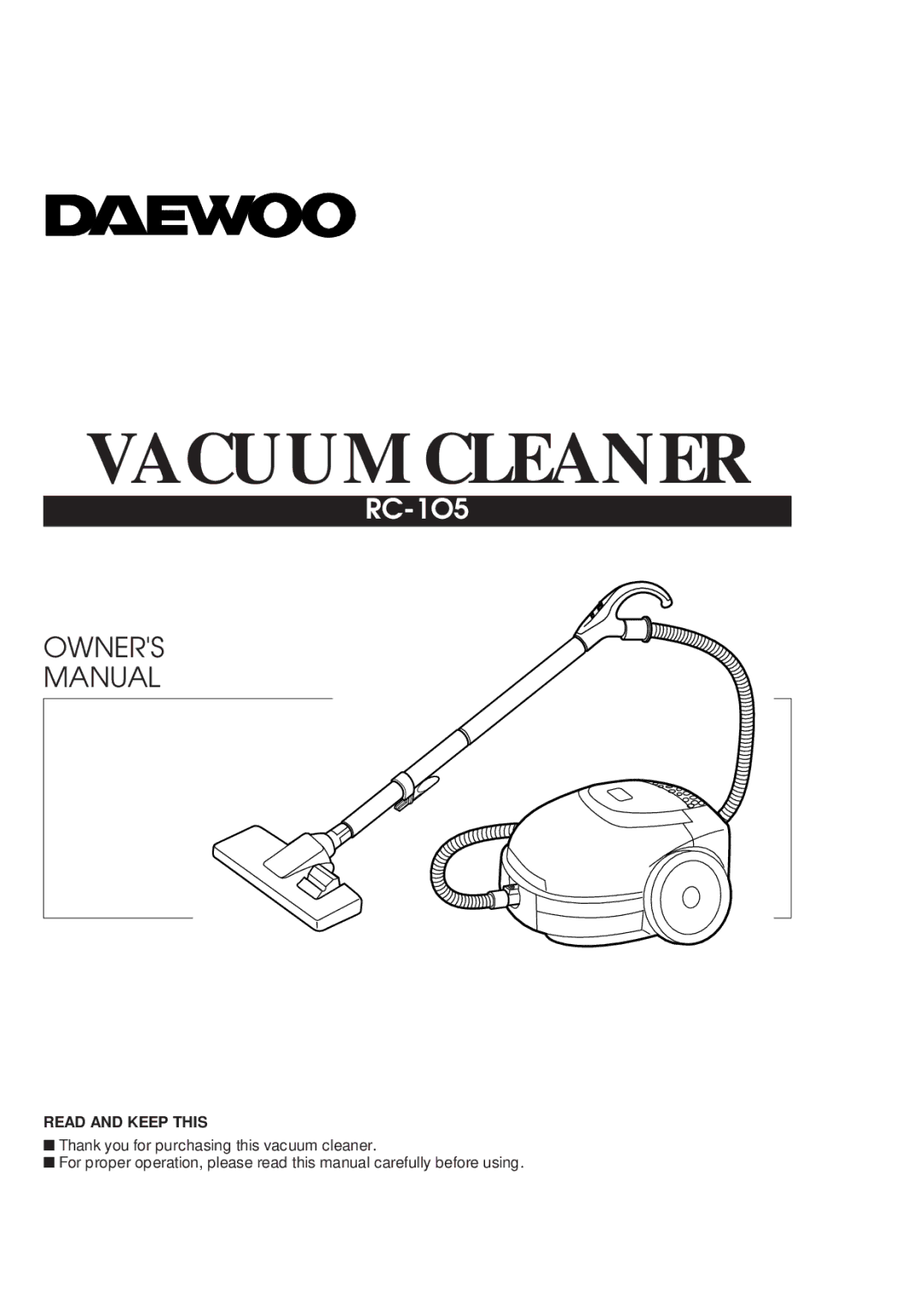 Daewoo RC-1O5 owner manual Vacuum Cleaner 