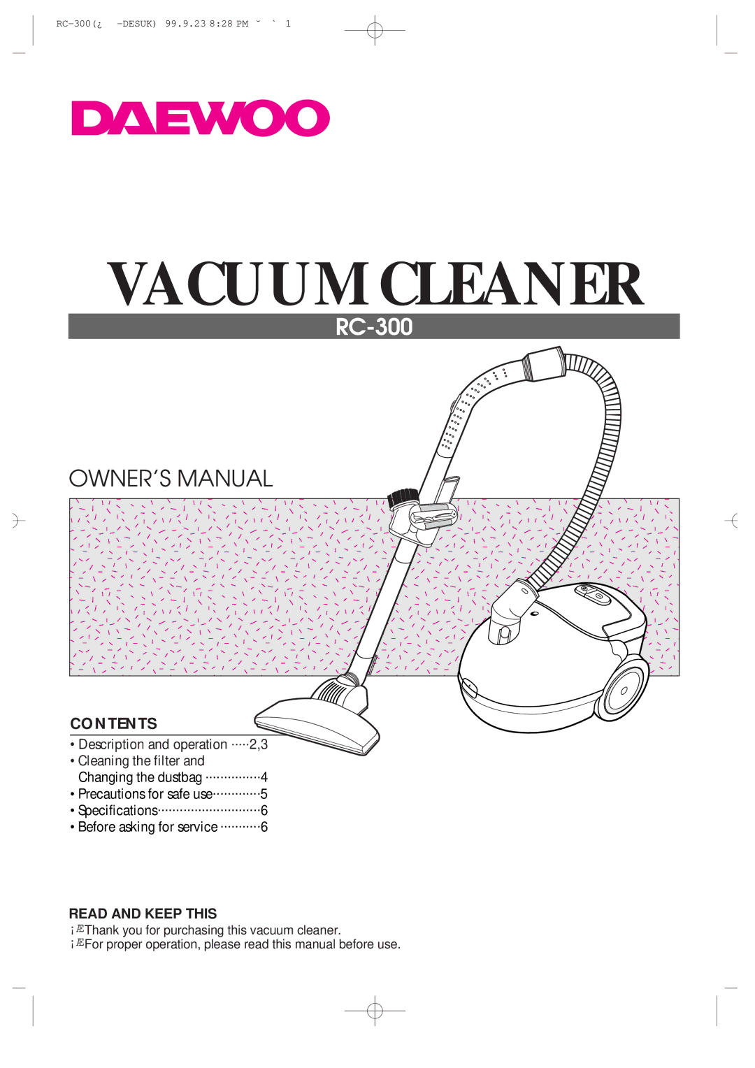 Daewoo RC-300 specifications Vacuum Cleaner 