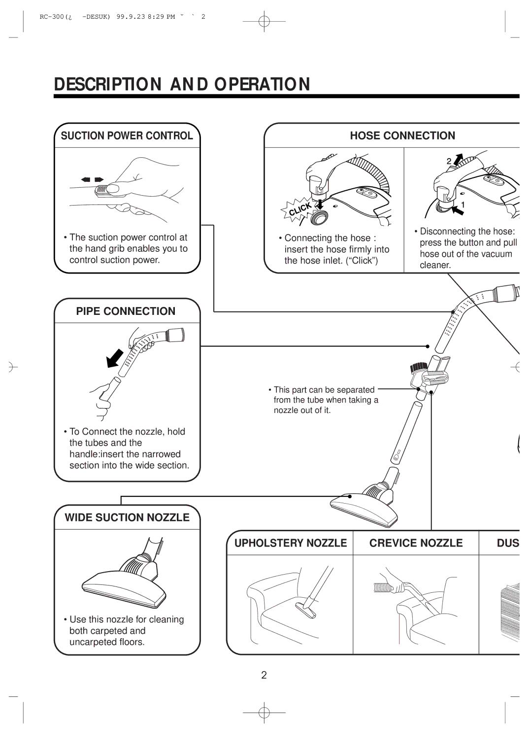 Daewoo RC-300 specifications Description and Operation, Hose Connection, Pipe Connection 