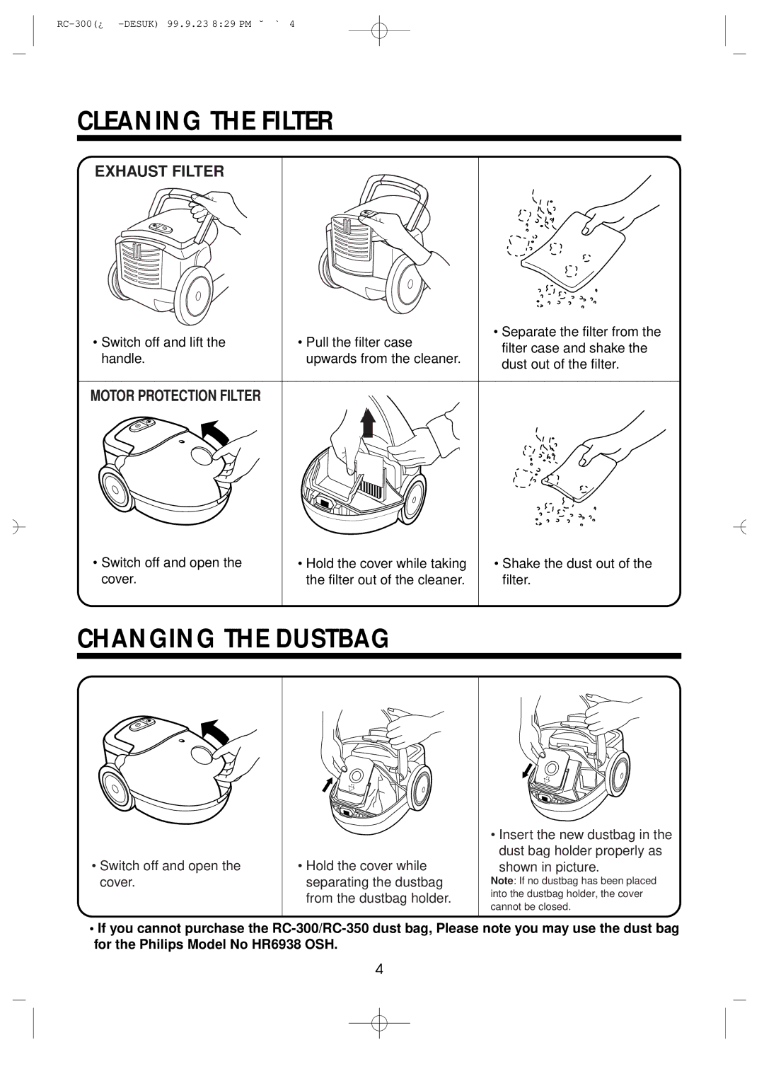 Daewoo RC-300 specifications Cleaning the Filter, Changing the Dustbag, Exhaust Filter, Motor Protection Filter 