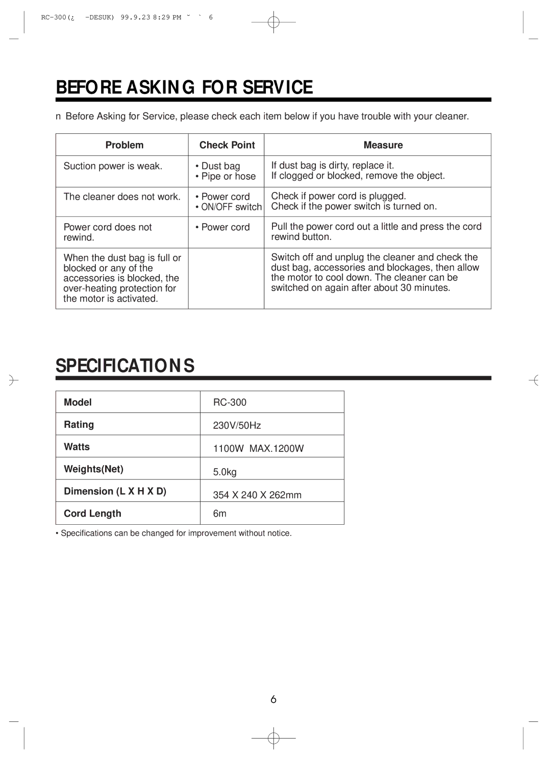 Daewoo RC-300 specifications Before Asking for Service, Specifications 