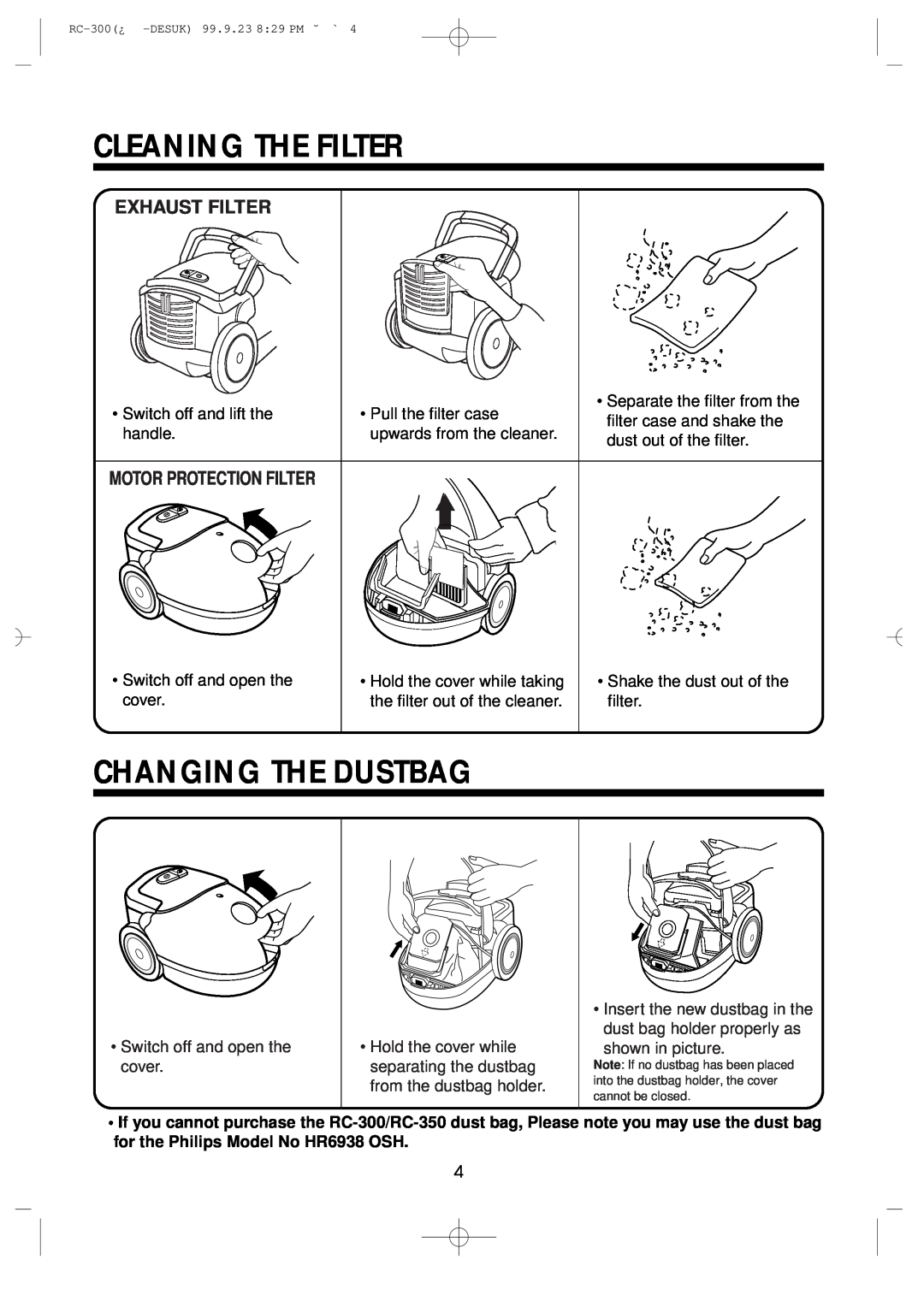 Daewoo RC-300 specifications Cleaning The Filter, Changing The Dustbag, Exhaust Filter, Motor Protection Filter 