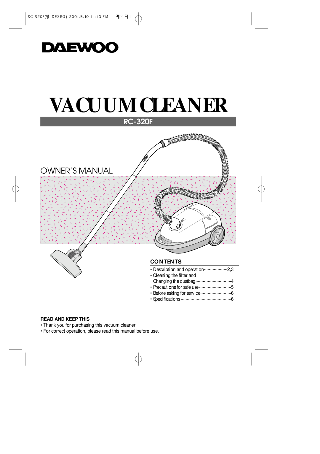 Daewoo RC-320F owner manual Vacuum Cleaner 