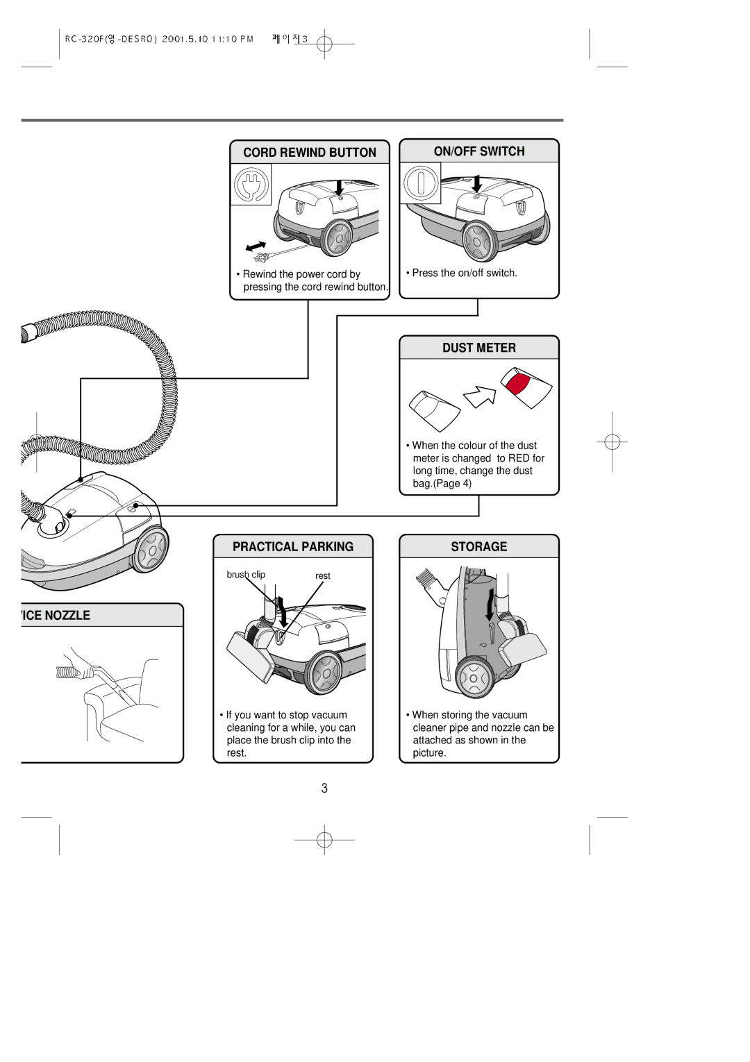 Daewoo RC-320F owner manual Cord Rewind Button ON/OFF Switch, Dust Meter, Practical Parking, ICE Nozzle 