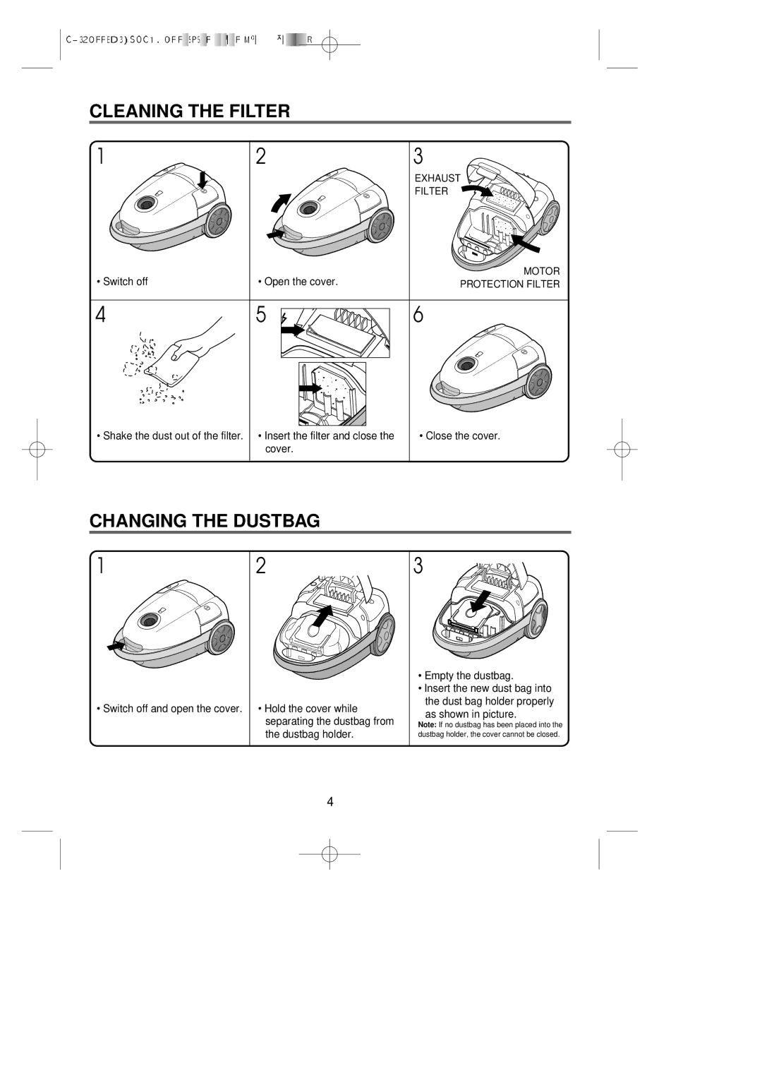 Daewoo RC-320F owner manual Cleaning the Filter, Changing the Dustbag 