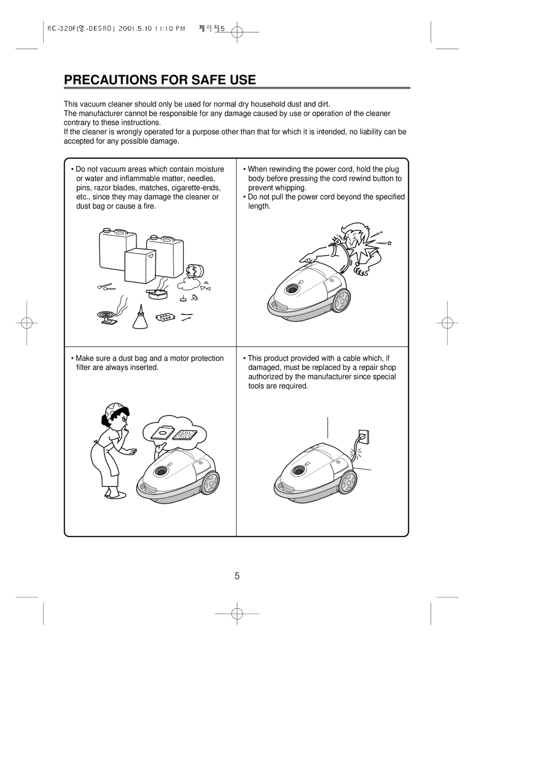 Daewoo RC-320F owner manual Precautions for Safe USE 