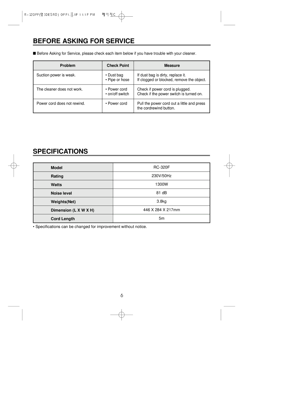 Daewoo RC-320F owner manual Before Asking for Service, Specifications 