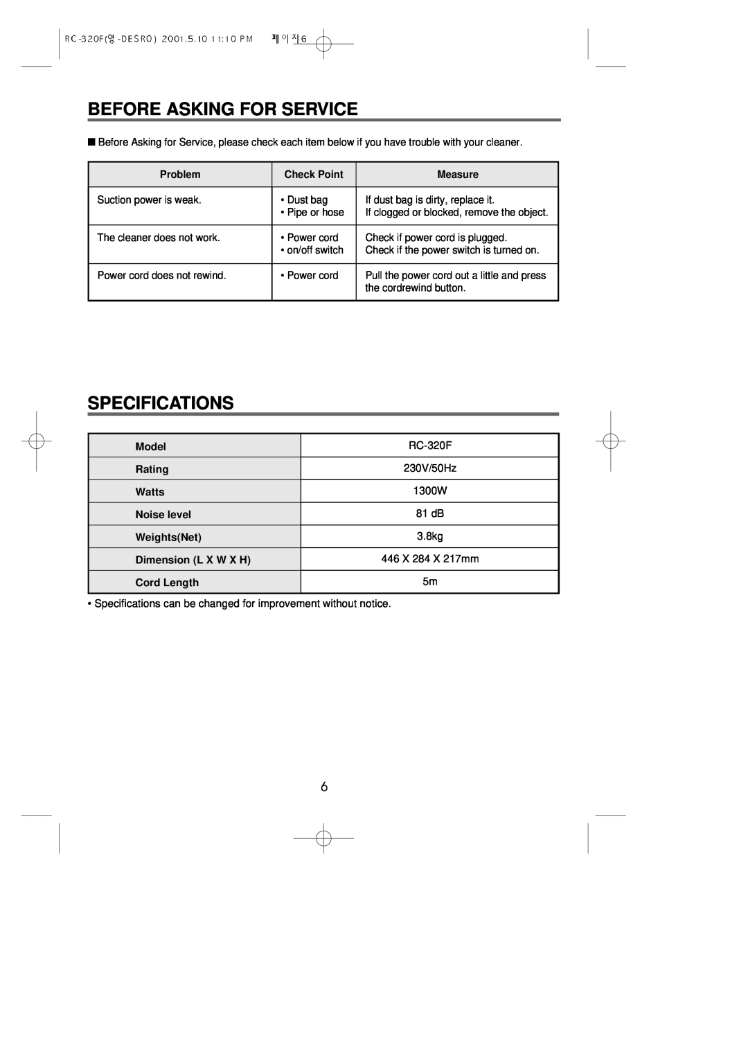 Daewoo RC-320F owner manual Before Asking For Service, Specifications 