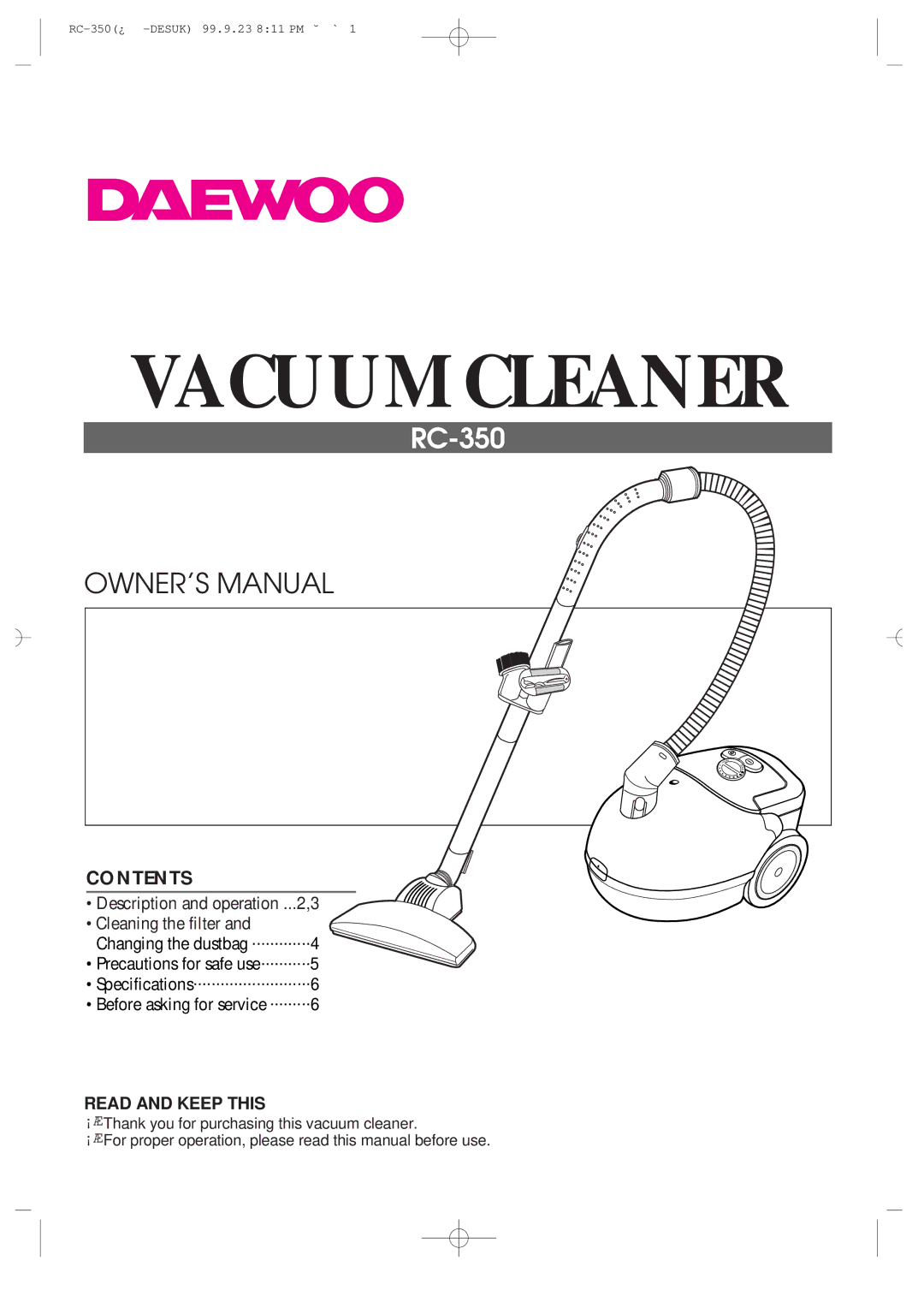 Daewoo RC-350 owner manual Vacuum Cleaner 