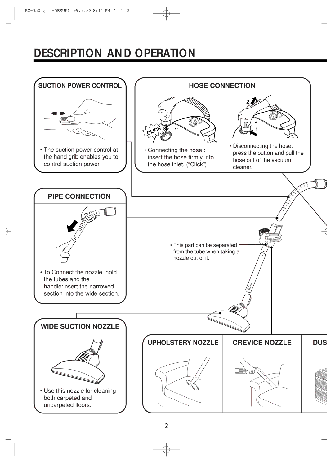 Daewoo RC-350 Description and Operation, Pipe Connection, Wide Suction Nozzle Upholstery Nozzle Crevice Nozzle DUS 