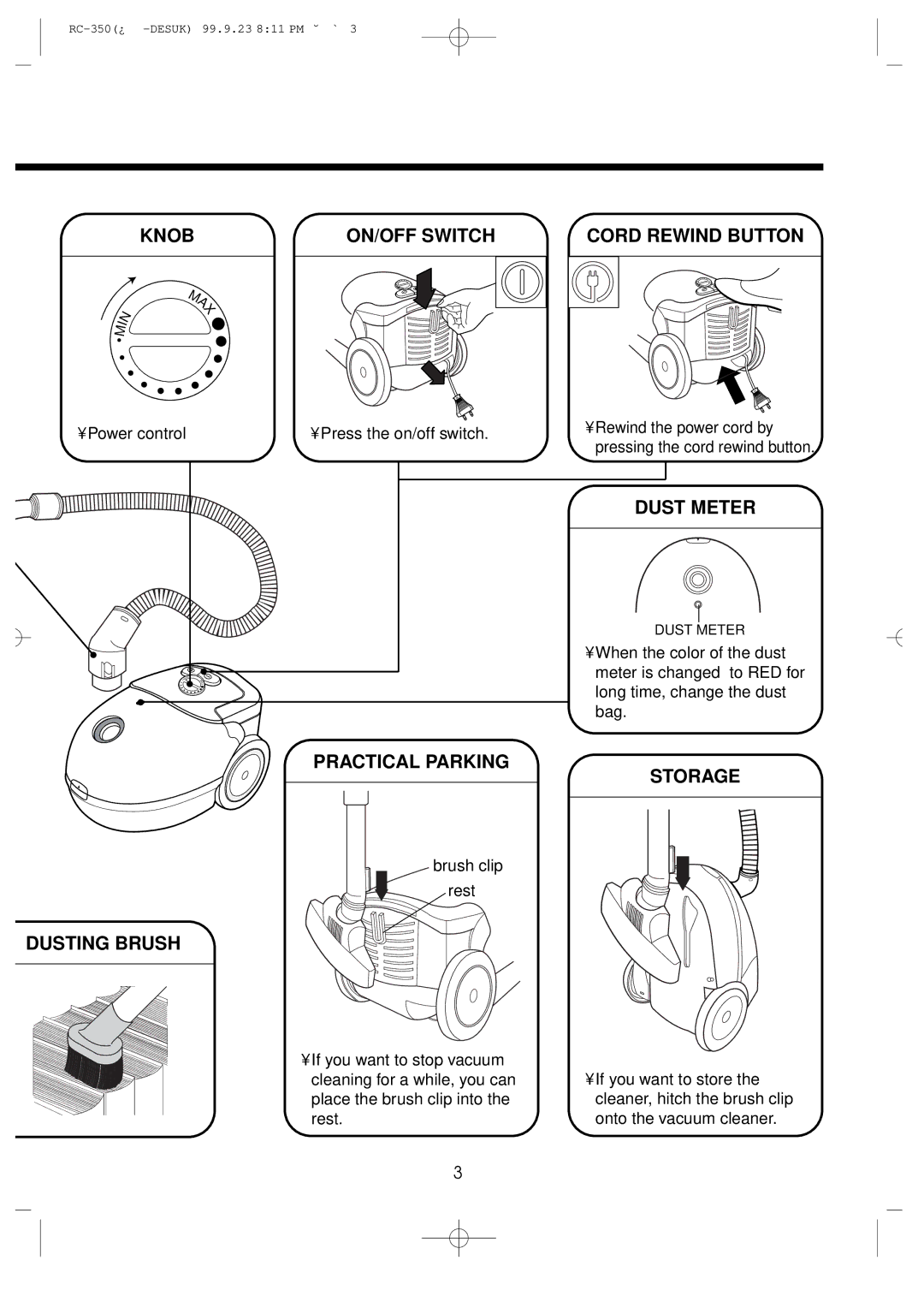 Daewoo RC-350 owner manual Knob ON/OFF Switch, Cord Rewind Button, Dust Meter, Practical Parking Storage, Dusting Brush 