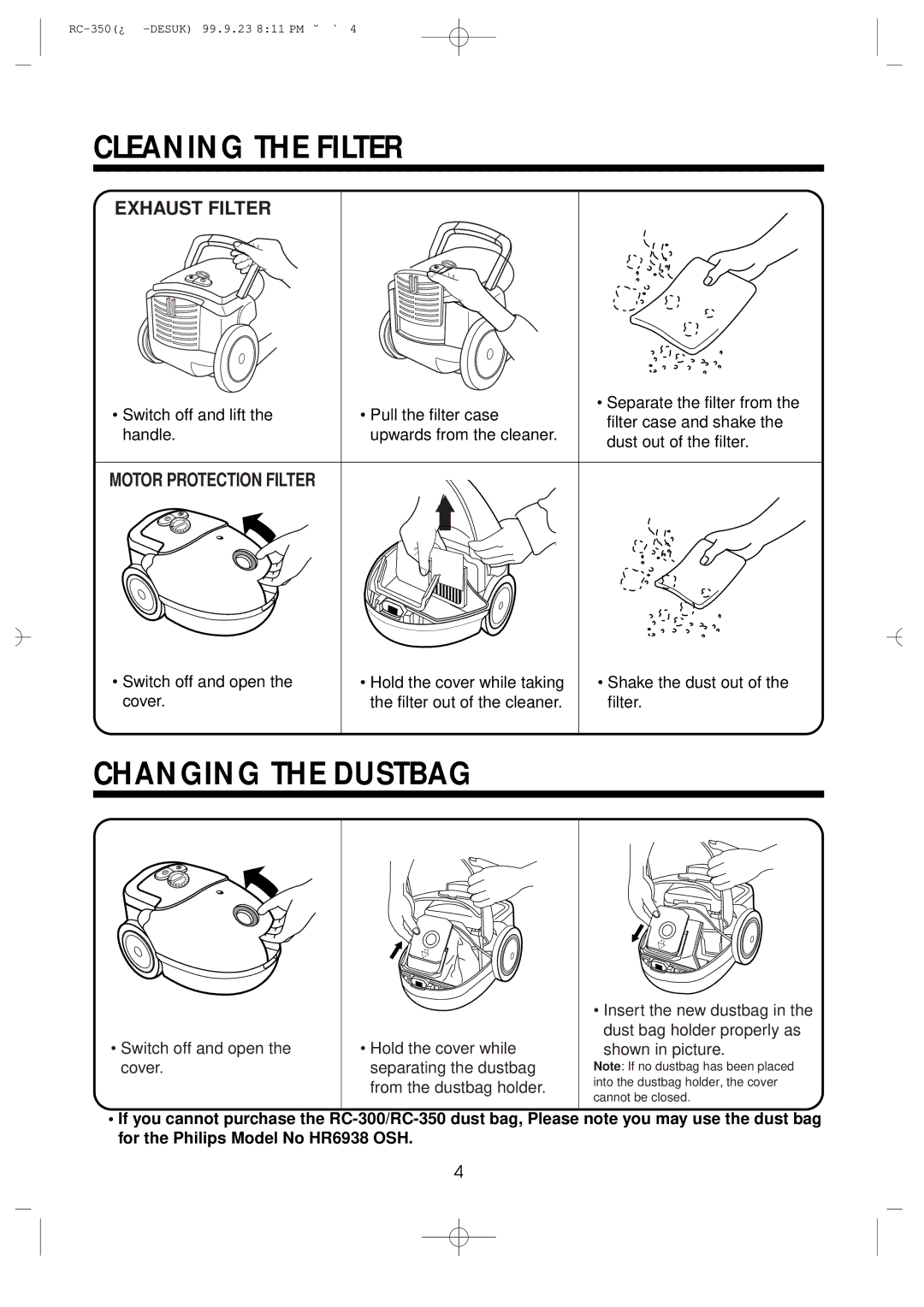 Daewoo RC-350 owner manual Cleaning the Filter, Changing the Dustbag, Exhaust Filter 