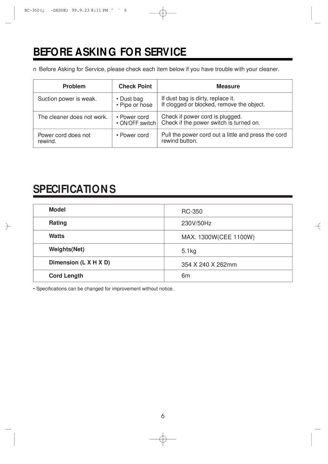 Daewoo RC-350 owner manual Before Asking for Service, Specifications 