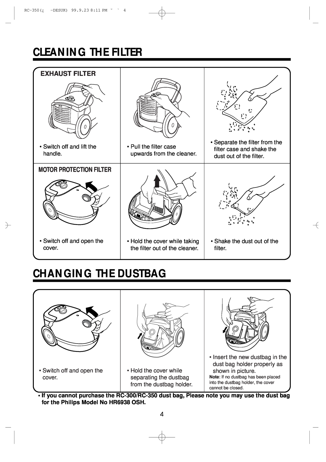 Daewoo RC-350 owner manual Cleaning The Filter, Changing The Dustbag, Exhaust Filter, Motor Protection Filter 