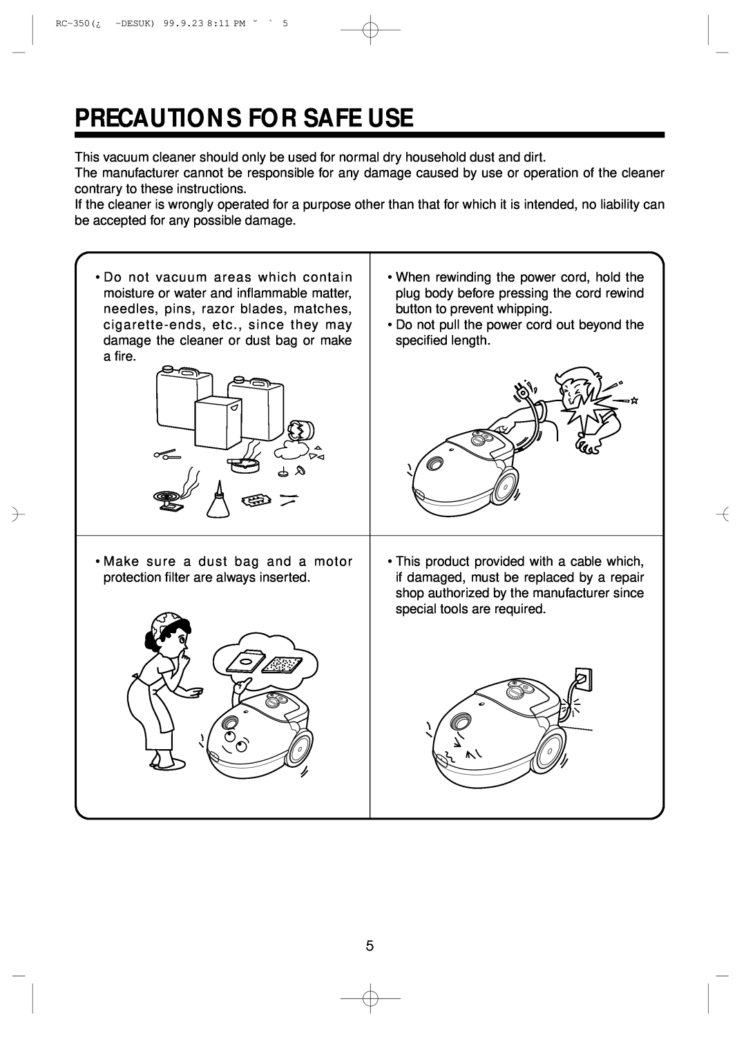 Daewoo RC-350 owner manual Precautions For Safe Use 