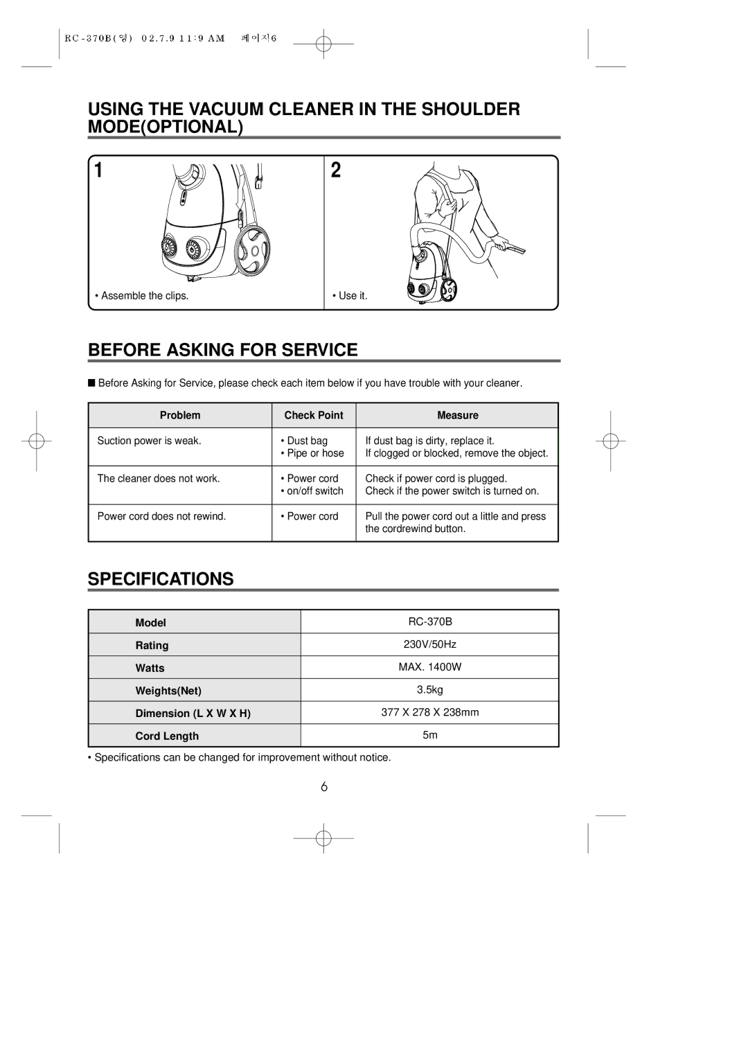 Daewoo RC-370B Using the Vacuum Cleaner in the Shoulder Modeoptional, Before Asking for Service, Specifications 