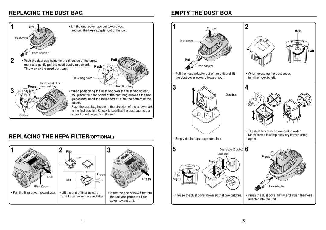 Daewoo RC-400B owner manual Replacing the Dust BAG Empty the Dust BOX, Replacing the Hepa Filteroptional 