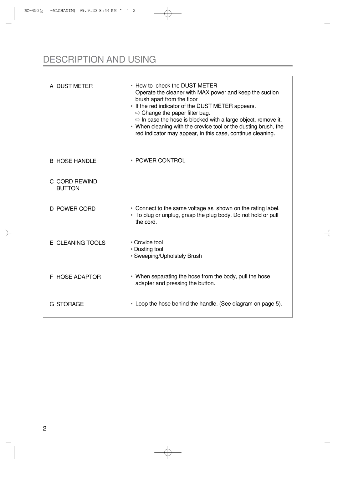 Daewoo RC-450 owner manual Description and Using, Dust Meter 