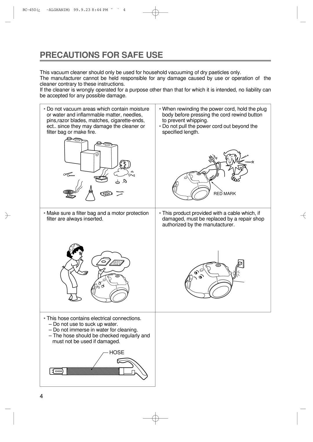 Daewoo RC-450 owner manual Precautions for Safe USE 