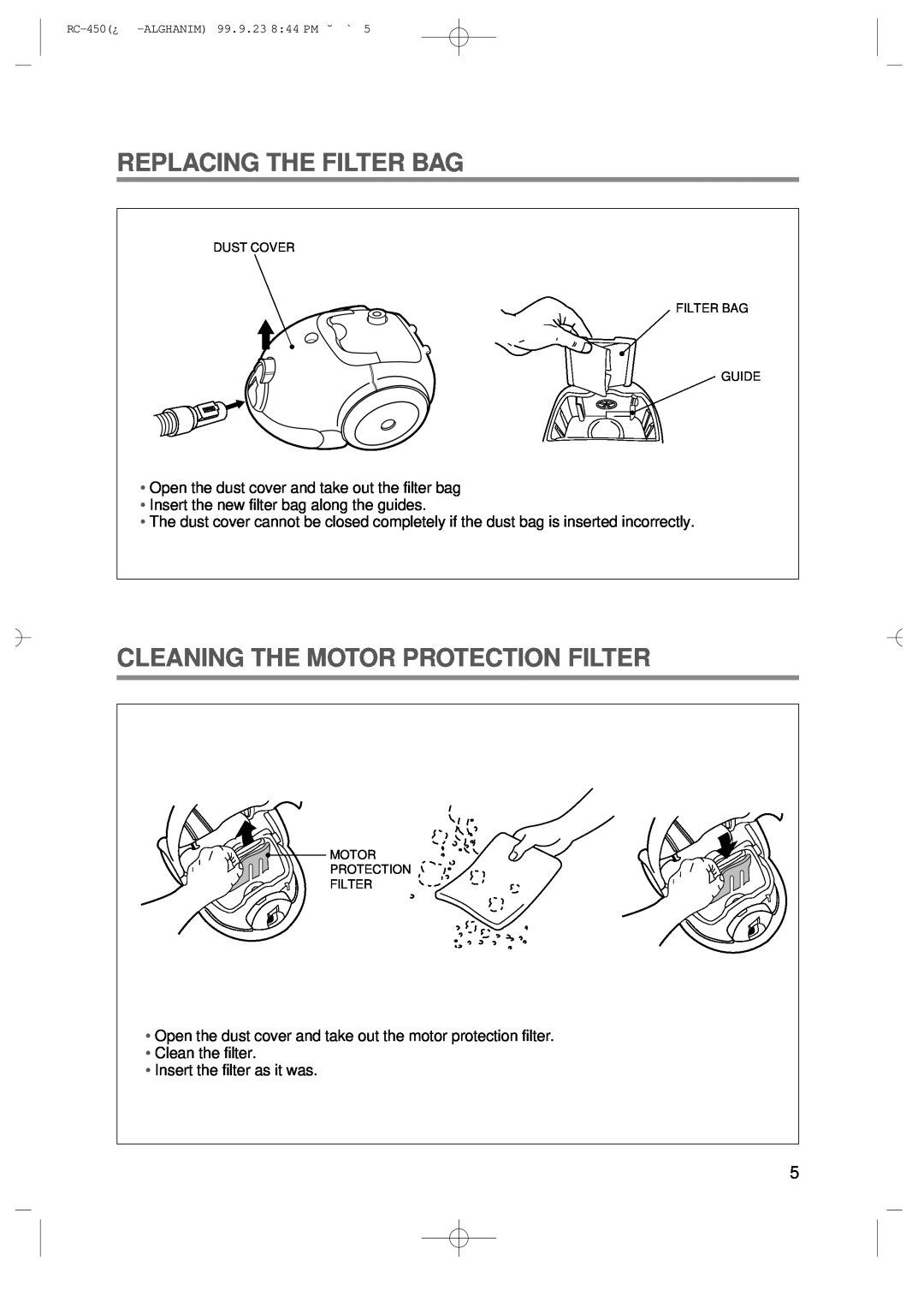 Daewoo RC-450 owner manual Replacing The Filter Bag, Cleaning The Motor Protection Filter 