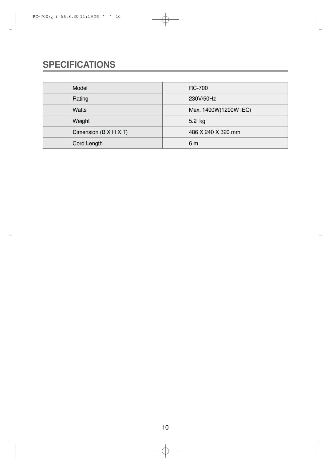 Daewoo RC-700 owner manual Specifications 