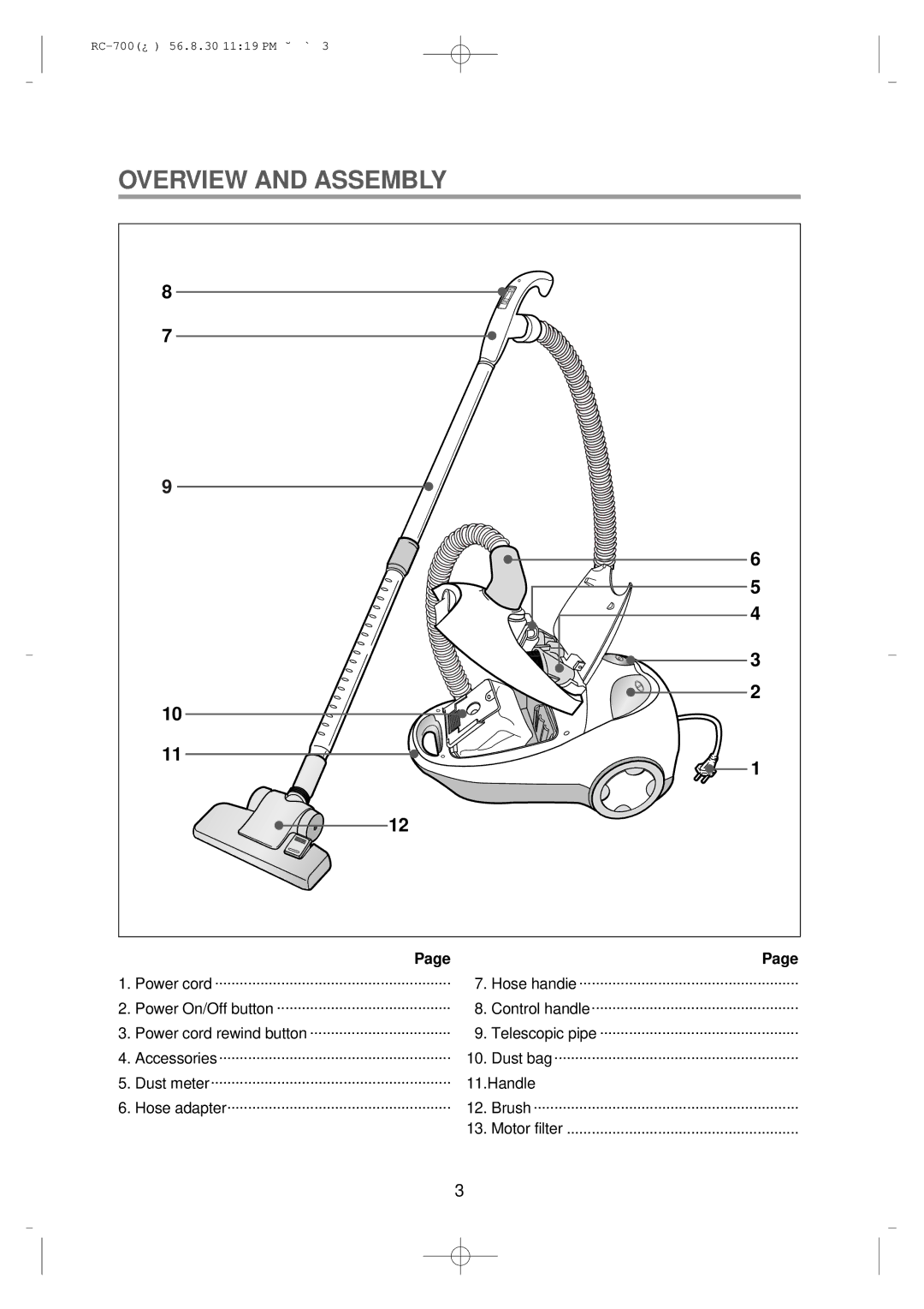 Daewoo RC-700 owner manual Overview and Assembly, Power cord Hose handie Power On/Off button Control handle 