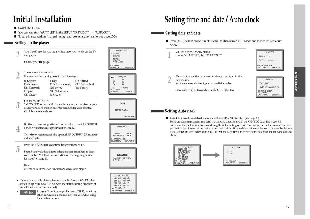 Daewoo SD-3500 Initial Installation, Setting time and date Setting up the player, Setting Auto clock, Choose your language 