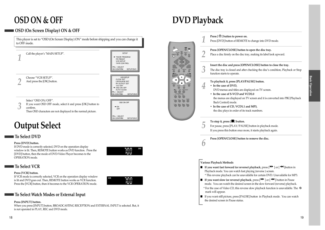 Daewoo SD-9500, SD-3500 owner manual DVD Playback, Output Select 