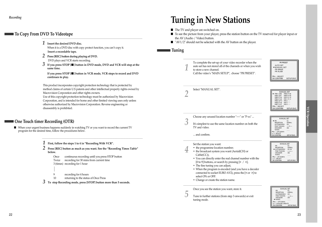 Daewoo SD-9500, SD-3500 owner manual Tuning in New Stations, To Copy From DVD To Videotape, One Touch timer Recording OTR 