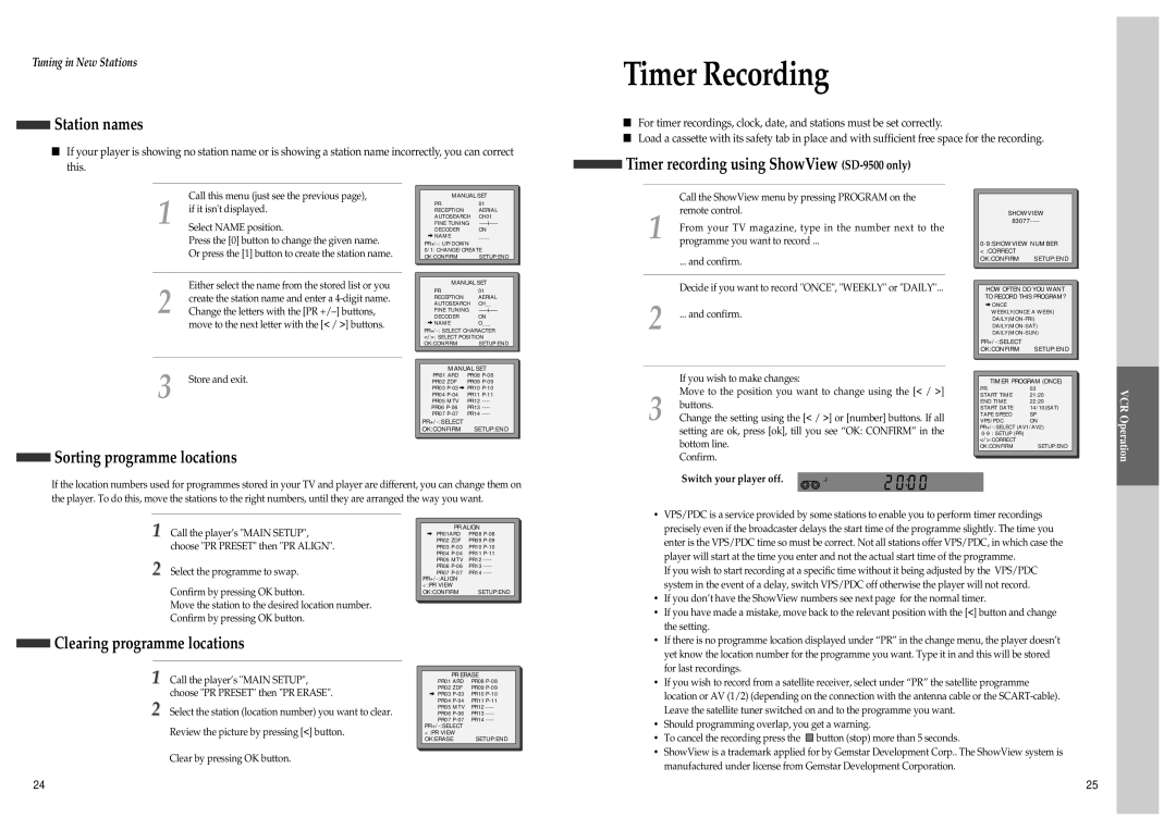 Daewoo SD-3500 Timer Recording, Station names, Timer recording using ShowView SD-9500 only, Sorting programme locations 